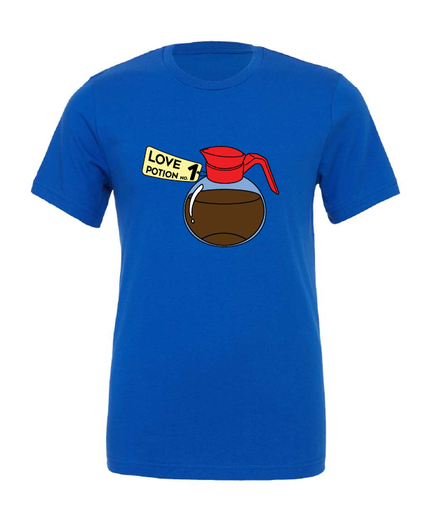 Love Potion No. 1 design on a blue t-shirt
