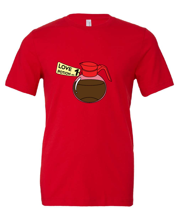 Love Potion No. 1 design on a red t-shirt