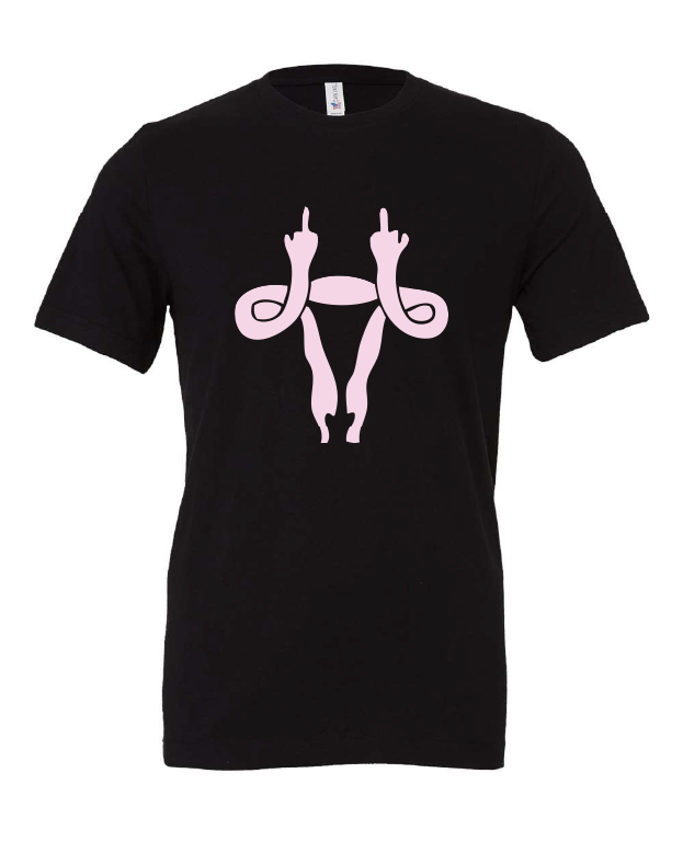 Middle Finger Uterus design on a black t-shirt