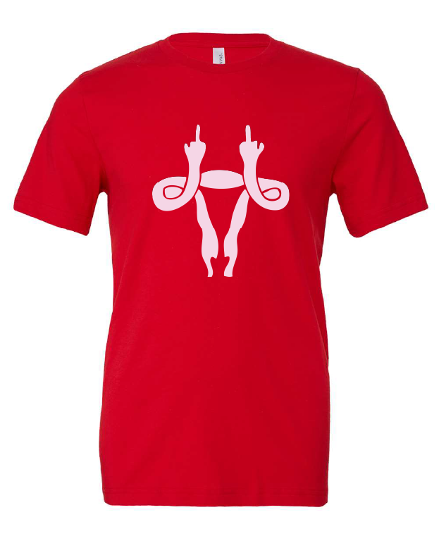 Middle Finger Uterus design on a red t-shirt