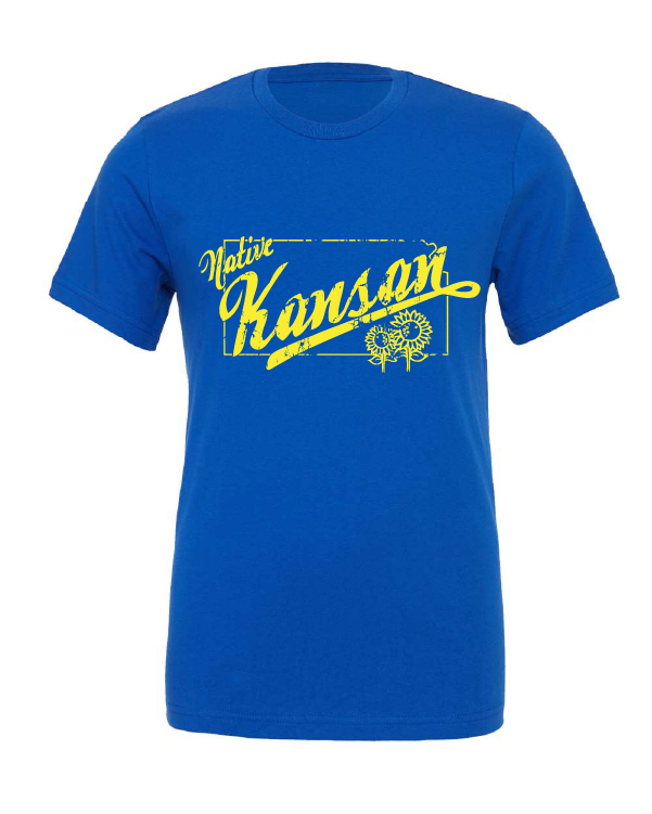 Native Kansan design on a blue t-shirt