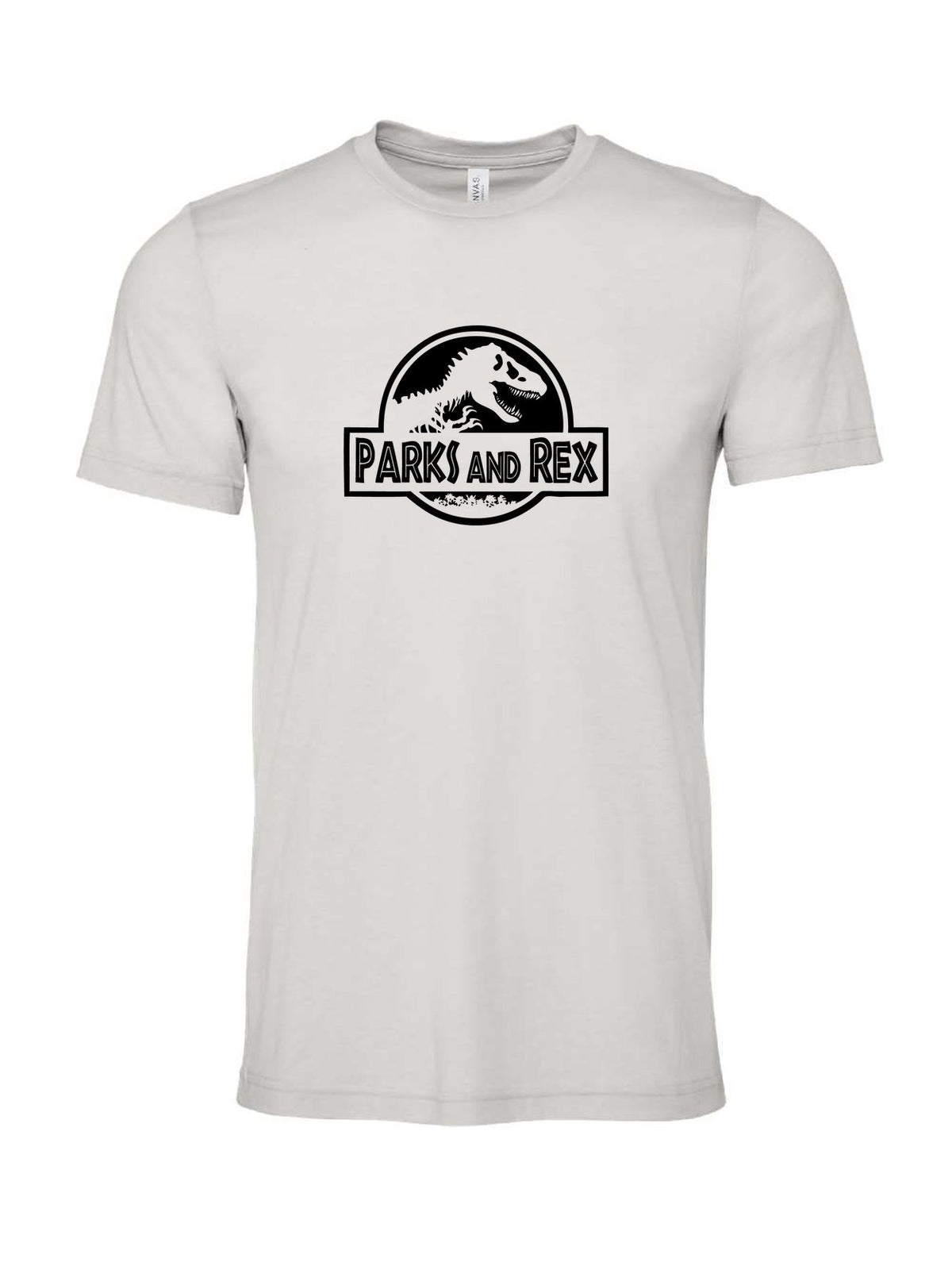 Parks and Rex on a cement gray t-shirt