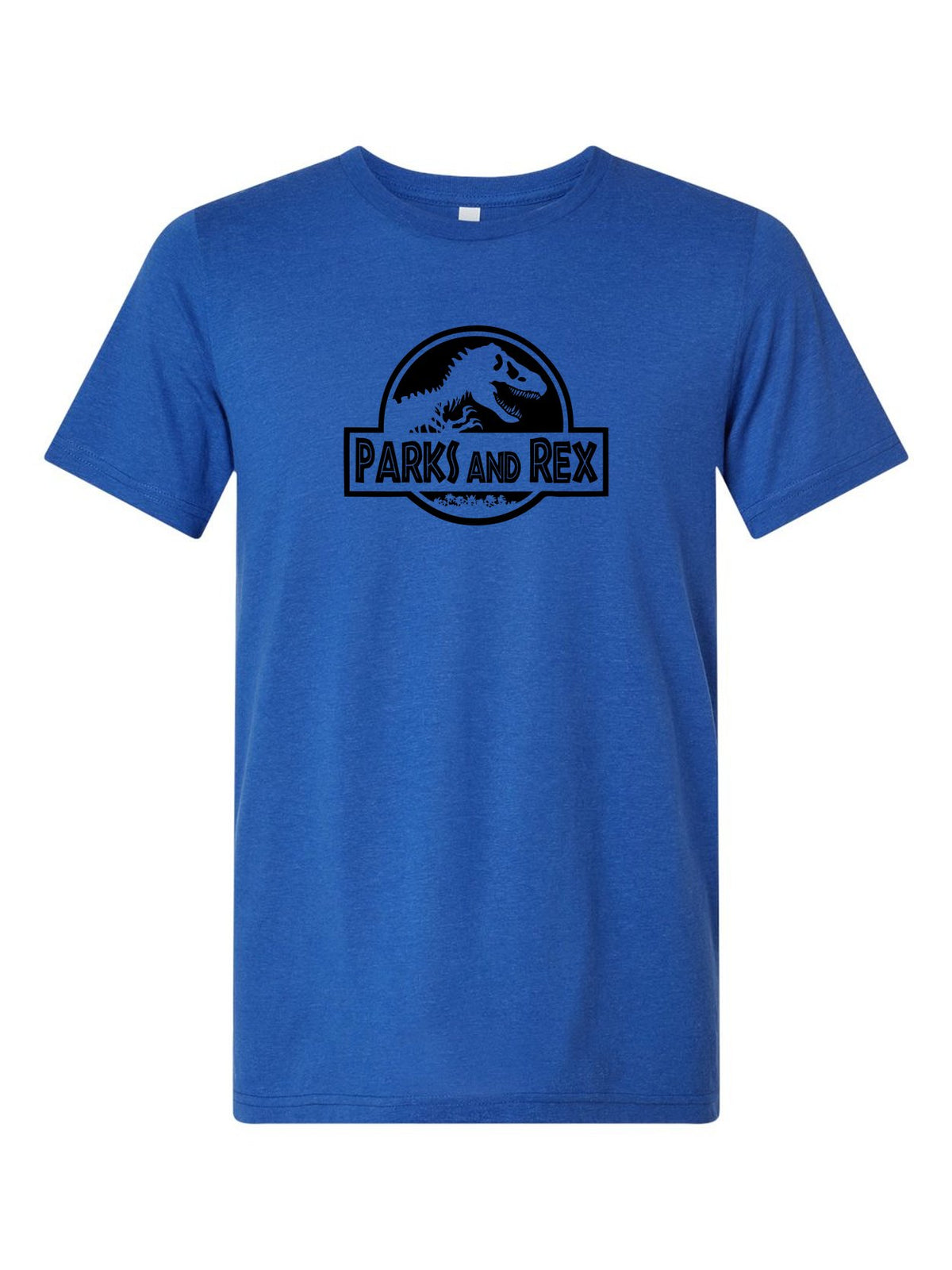 Parks and Rex on a royal blue t-shirt