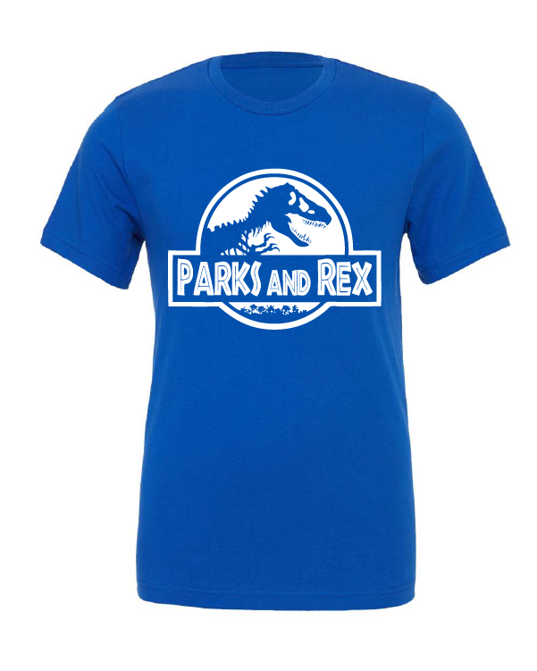 Parks and Rex design on a blue t-shirt