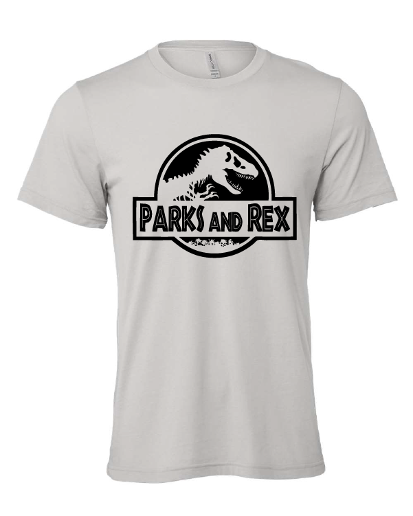 Parks and Rex design on a gray t-shirt