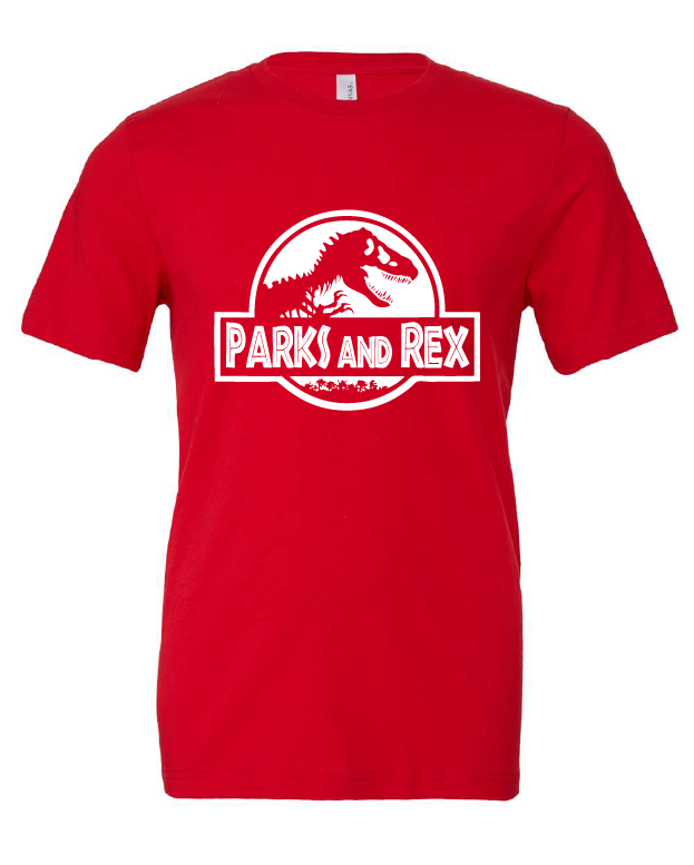 Parks and Rex design on a red t-shirt