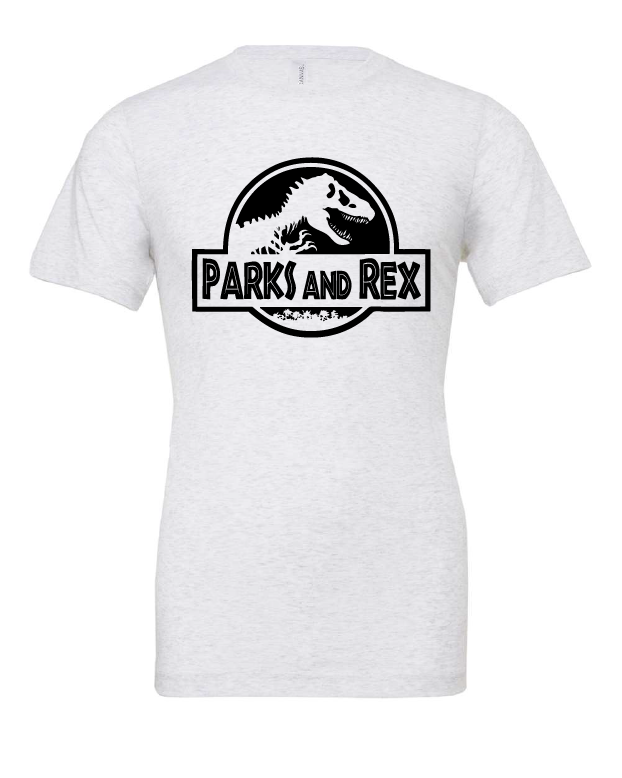 Parks and Rex design on a white t-shirt