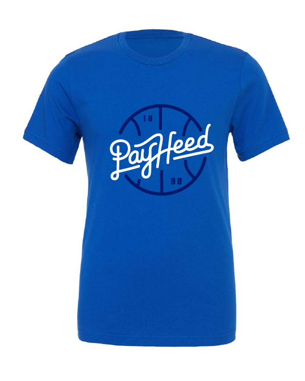 Pay Heed design on a blue t-shirt