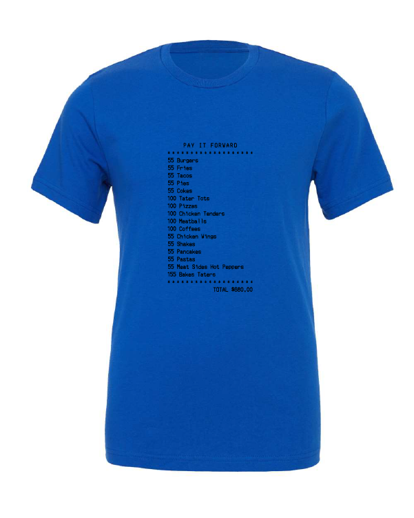 Pay It Forward design on a blue t-shirt