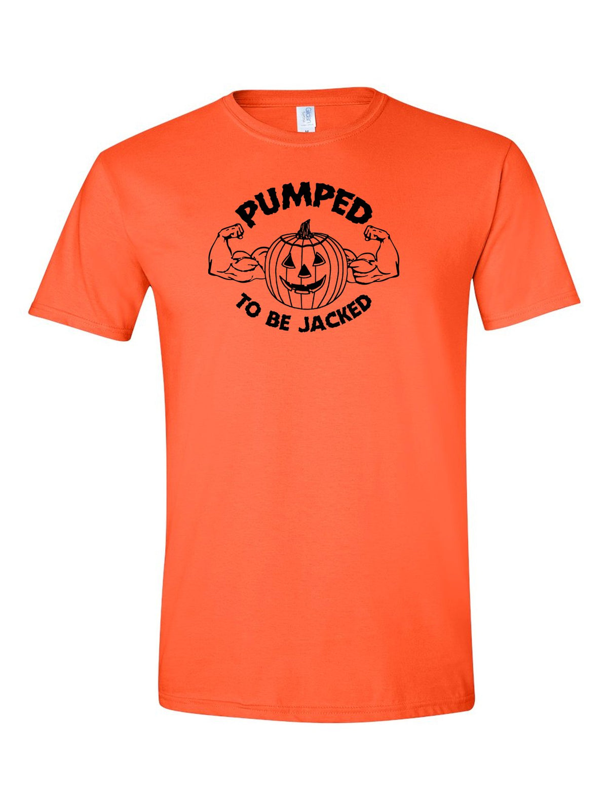 Pumped to Be Jacked design on an orange t-shirt