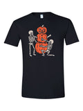 Pumpkin Snowman Skeletons design on a black t-shirt
