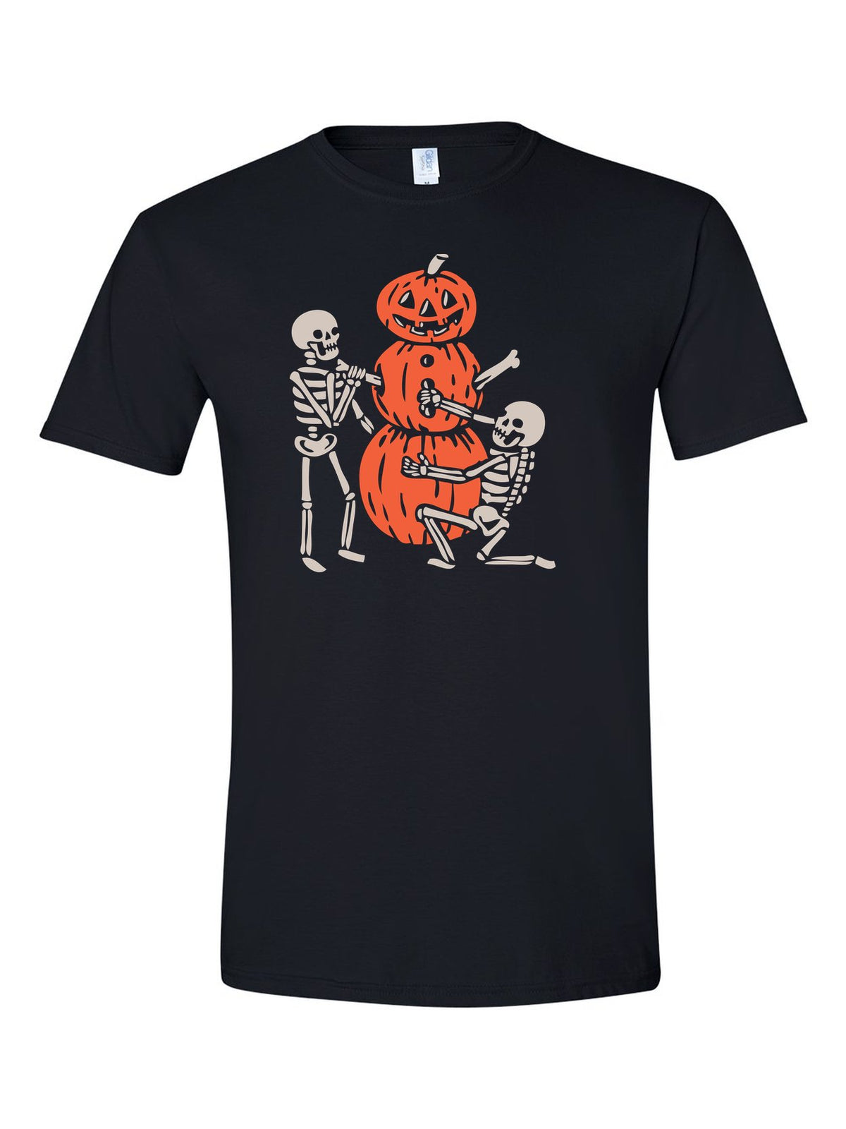 Pumpkin Snowman Skeletons design on a black t-shirt