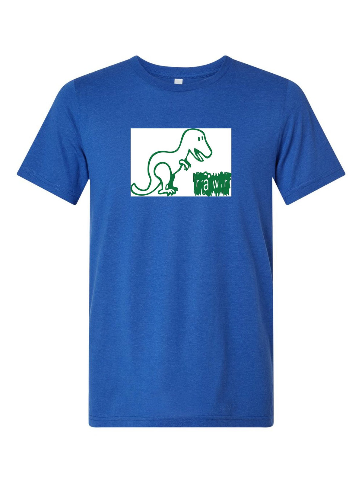 Rawr on a royal blue t-shirt