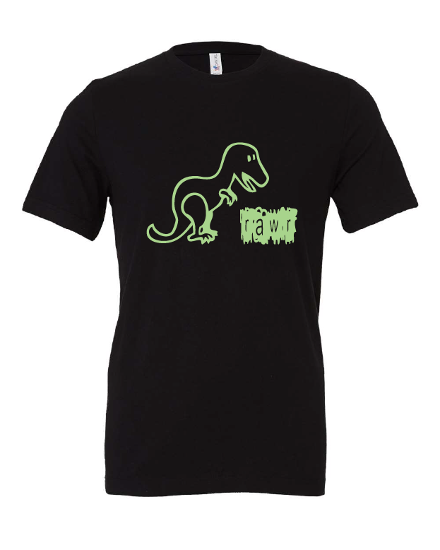 Rawr design on a black t-shirt