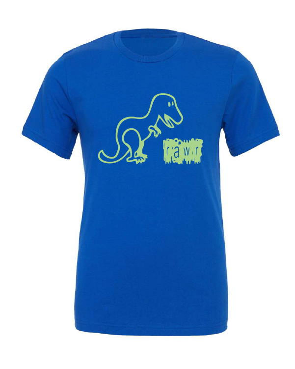 Rawr design on a blue t-shirt