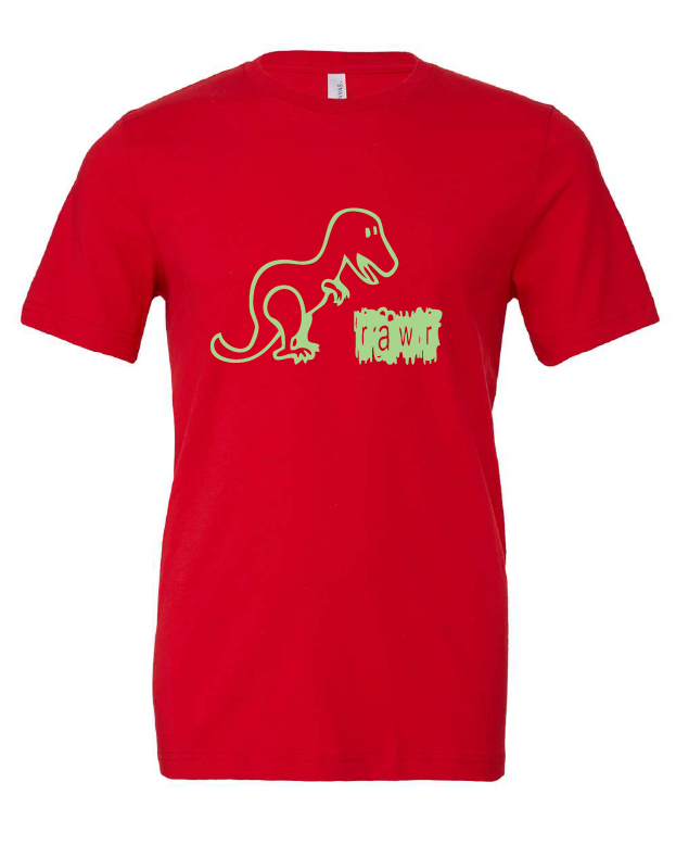 Rawr design on a red t-shirt