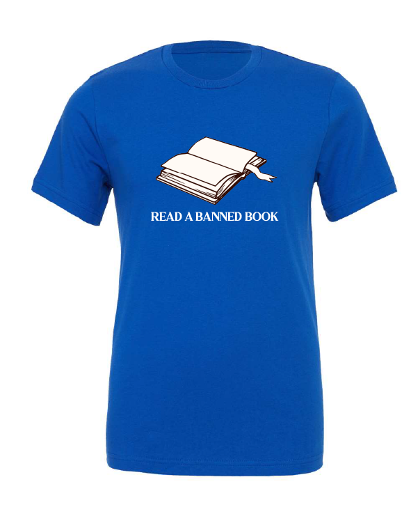 Read a Banned Book design on a blue t-shirt