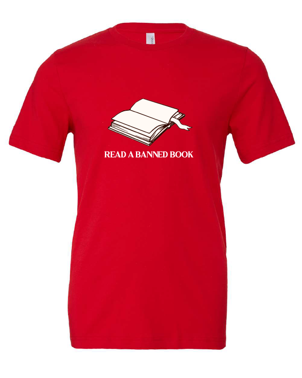Read a Banned Book design on a red t-shirt