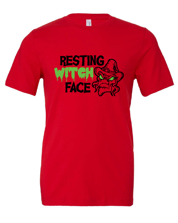 Resting Witch Face design on a red t-shirt