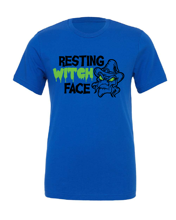Resting Witch Face design on a blue t-shirt