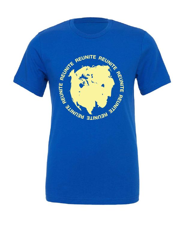 Reunite Pangea design on a blue t-shirt