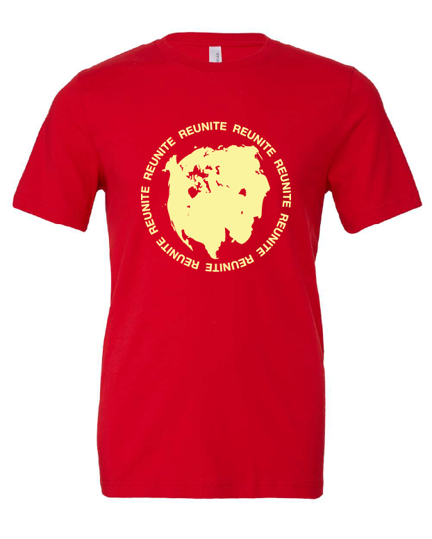 Reunite Pangea design on a red t-shirt