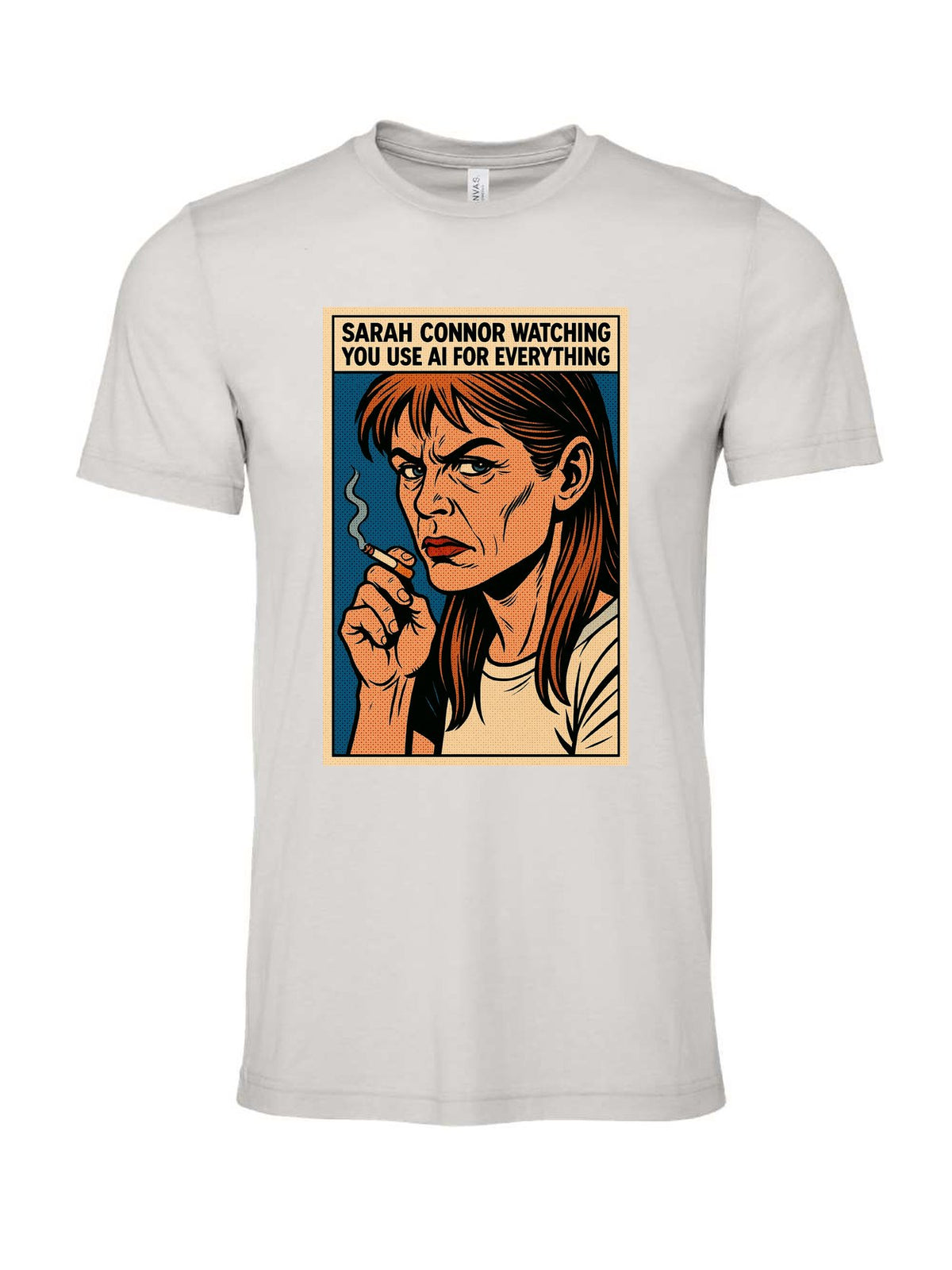 Sarah Connor Watching You Use AI for Everything tee, cement gray tri-blend