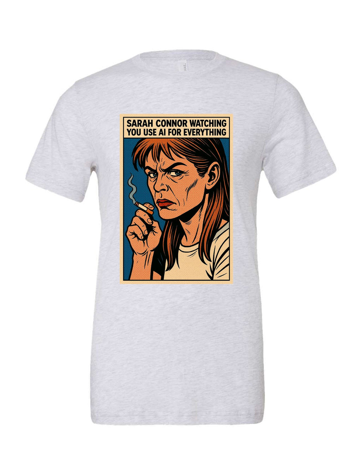 Sarah Connor Watching You Use AI for Everything tee, white fleck tri-blend