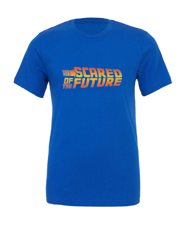 Scared of the Future design on a blue t-shirt