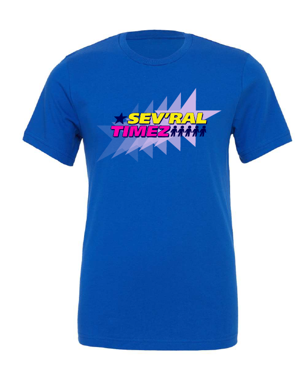 Sev'ral Timez design on a blue t-shirt