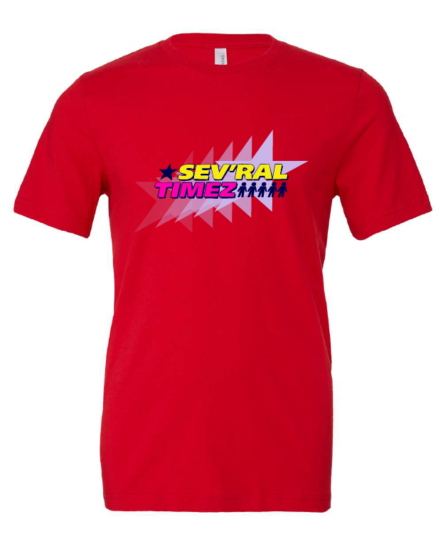 Sev'ral Timez design on a red t-shirt