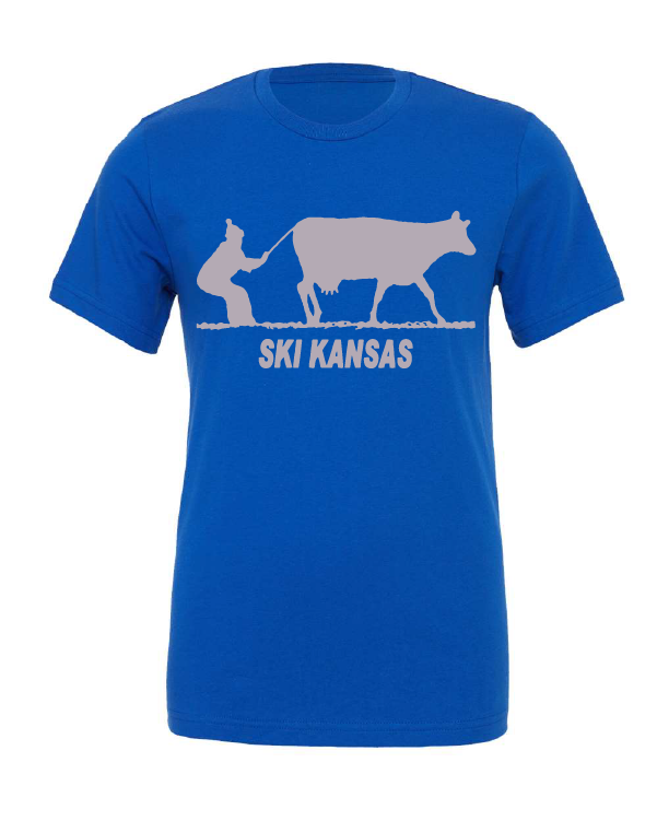 Ski Kansas design on a blue t-shirt