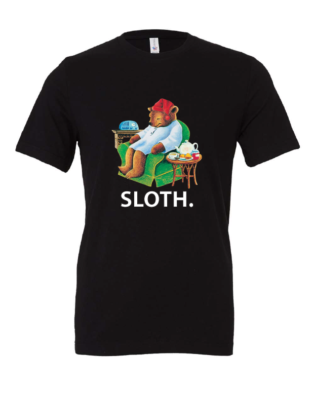 SLOTH design on a black t-shirt