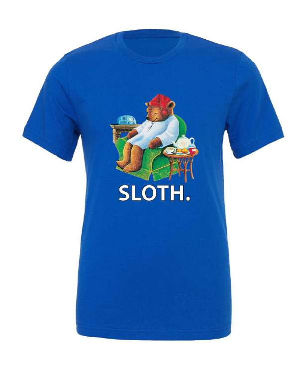 SLOTH design on a blue t-shirt