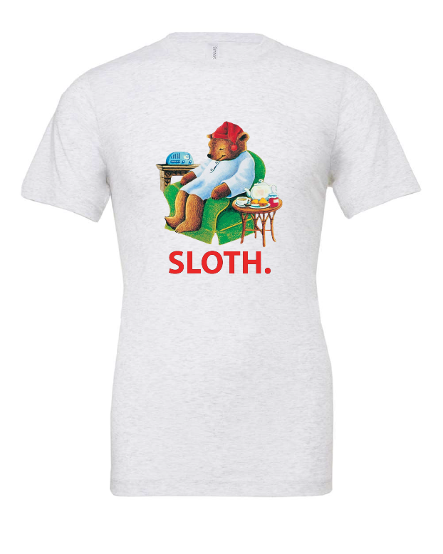 sleepy sleepytime tea bear celestial seasonings seven deadly sins funny white tshirt t-shirt 