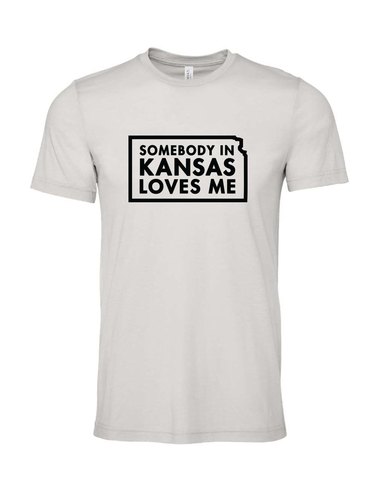Somebody in Kansas Loves Me on a cement gray t-shirt