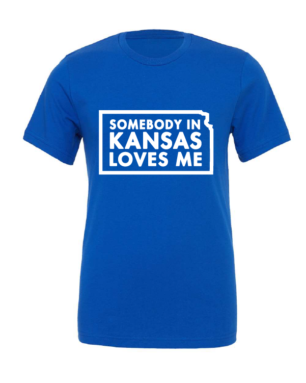 Somebody in Kansas Loves Me design on a blue t-shirt