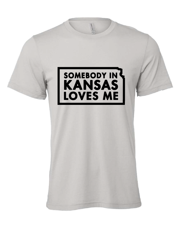 Somebody in Kansas Loves Me design on a gray t-shirt