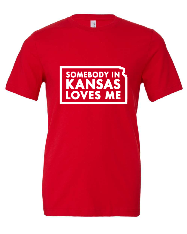 Somebody in Kansas Loves Me design on a red t-shirt