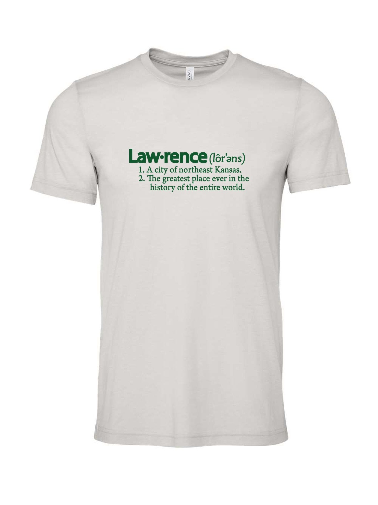 Lawrence Definition on a cement gray t-shirt