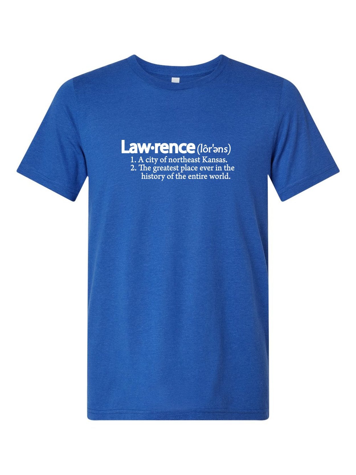 Lawrence Definition on a royal blue t-shirt