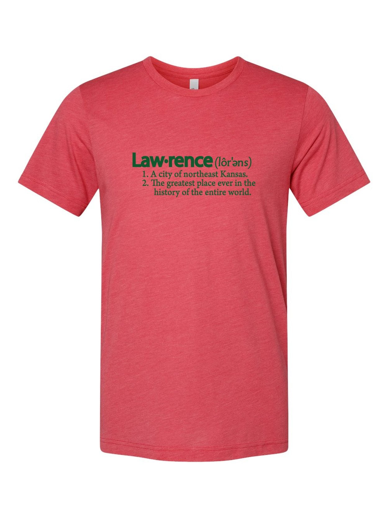 Lawrence Definition on a true red t-shirt