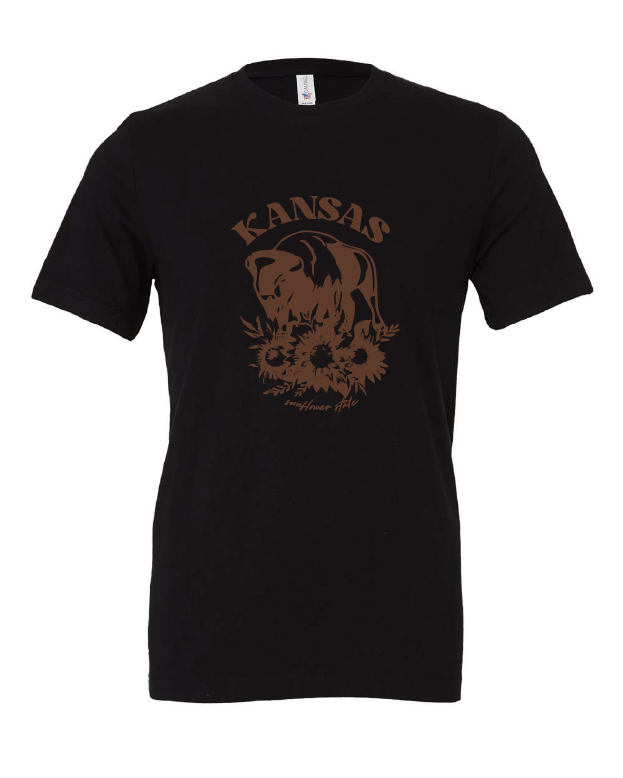 Kansas Sunflower State Bison design on a black t-shirt
