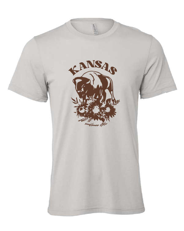 Kansas Sunflower State Bison design on a gray t-shirt