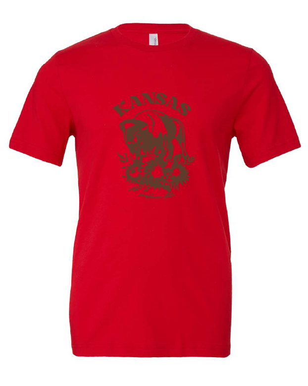 Kansas Sunflower State Bison design on a red t-shirt