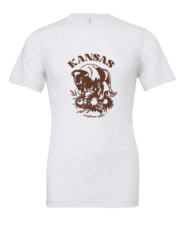 Kansas Sunflower State Bison design on a white t-shirt