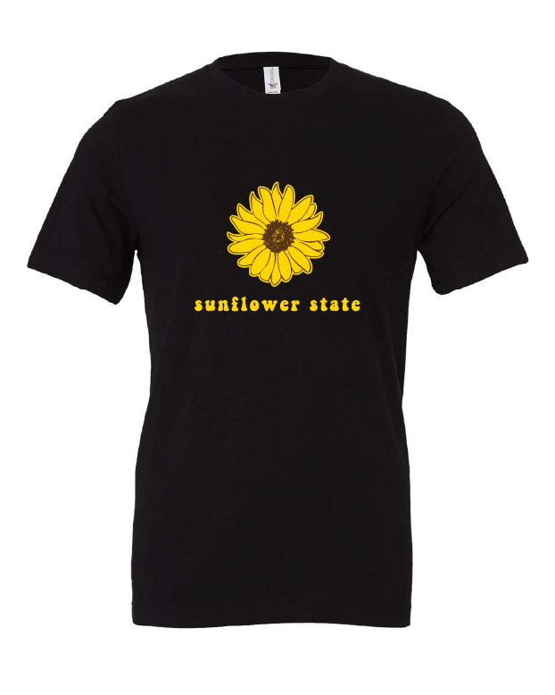 Sunflower State design on a black t-shirt