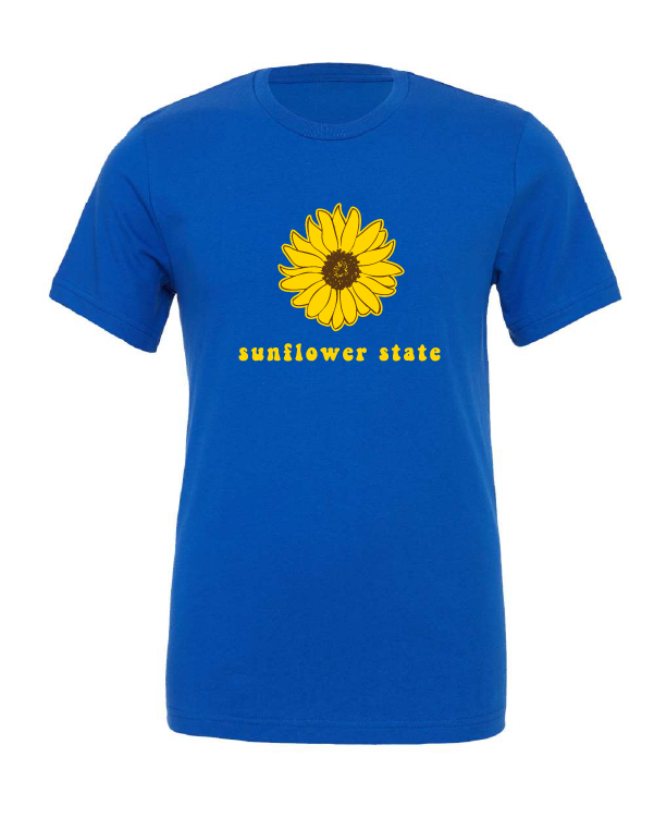 Sunflower State design on a blue t-shirt