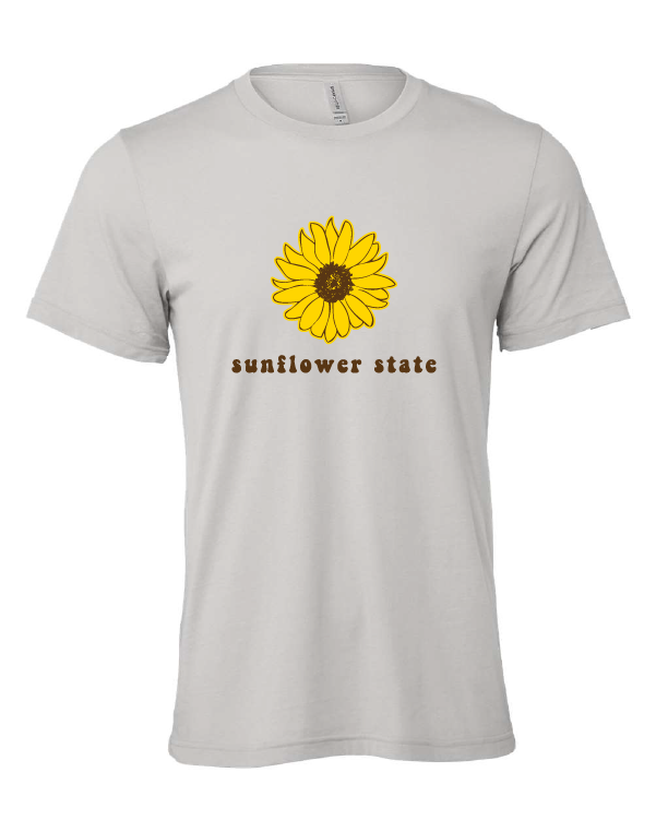 Sunflower State design on a gray t-shirt