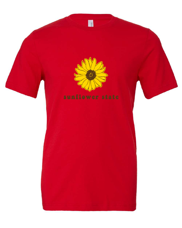 Sunflower State design on a red t-shirt